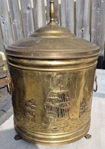 Vtg embossed brass lidded coal - vtg,