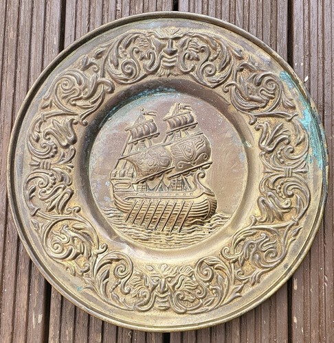 Vintage brass plaque with - brass, ship